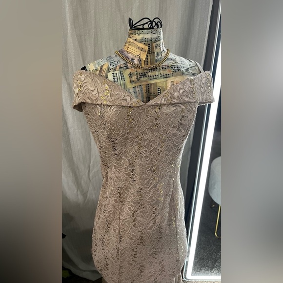 Cachet Sequin Lace Gown in Tan and Gold - Picture 5 of 10